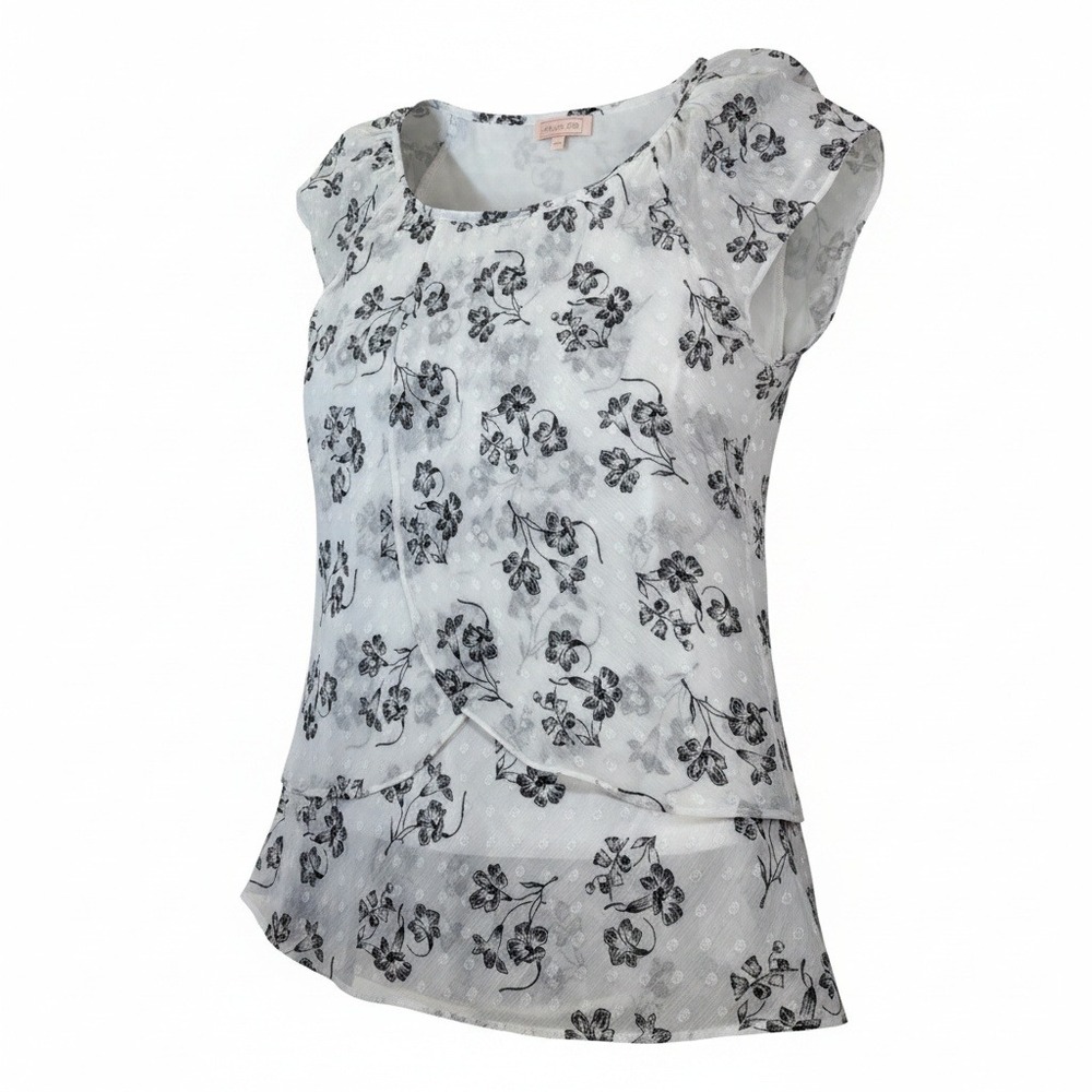 Blousology Womens XS White Black Floral Layered Chiffon Cap Sleeve Blouse